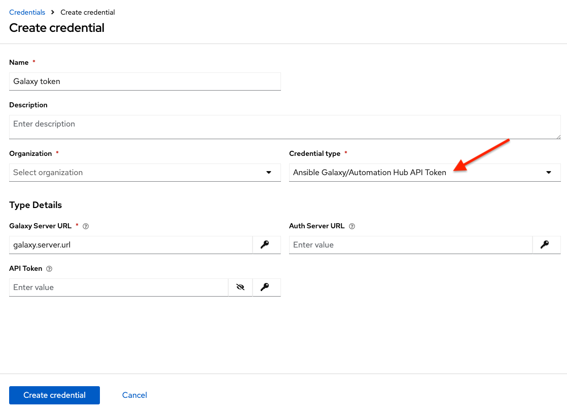Credentials - create galaxy credential form